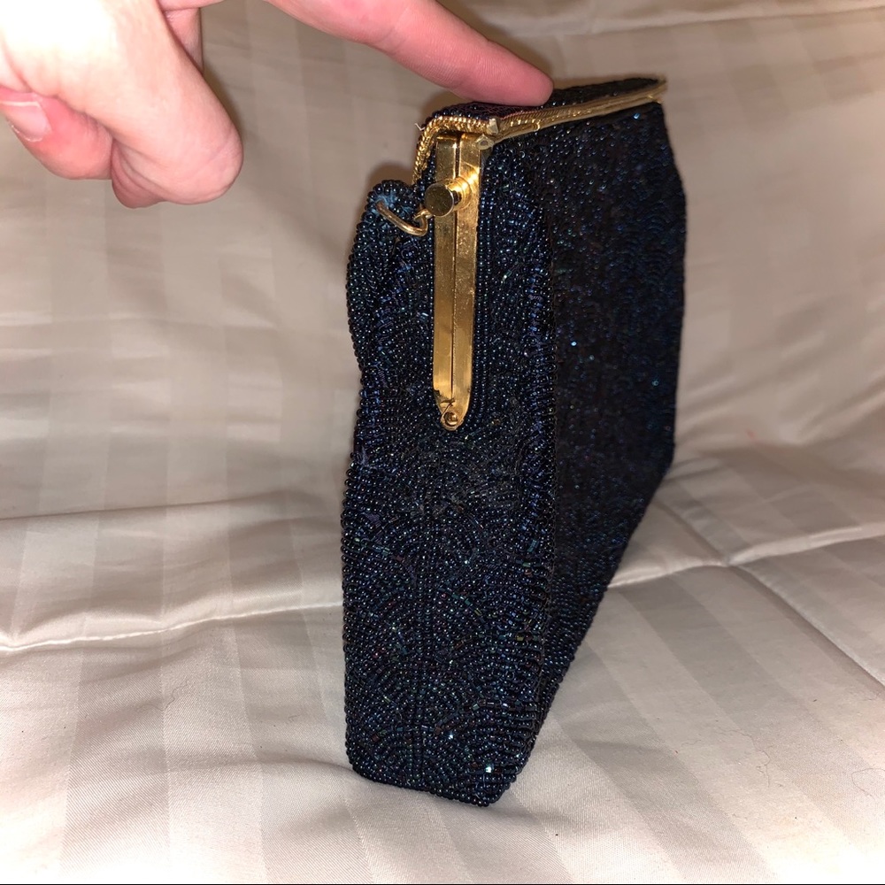 1950’s FORMAL PURSE DARK BLUE BEADED EVENING BAG - Picture 4 of 8
